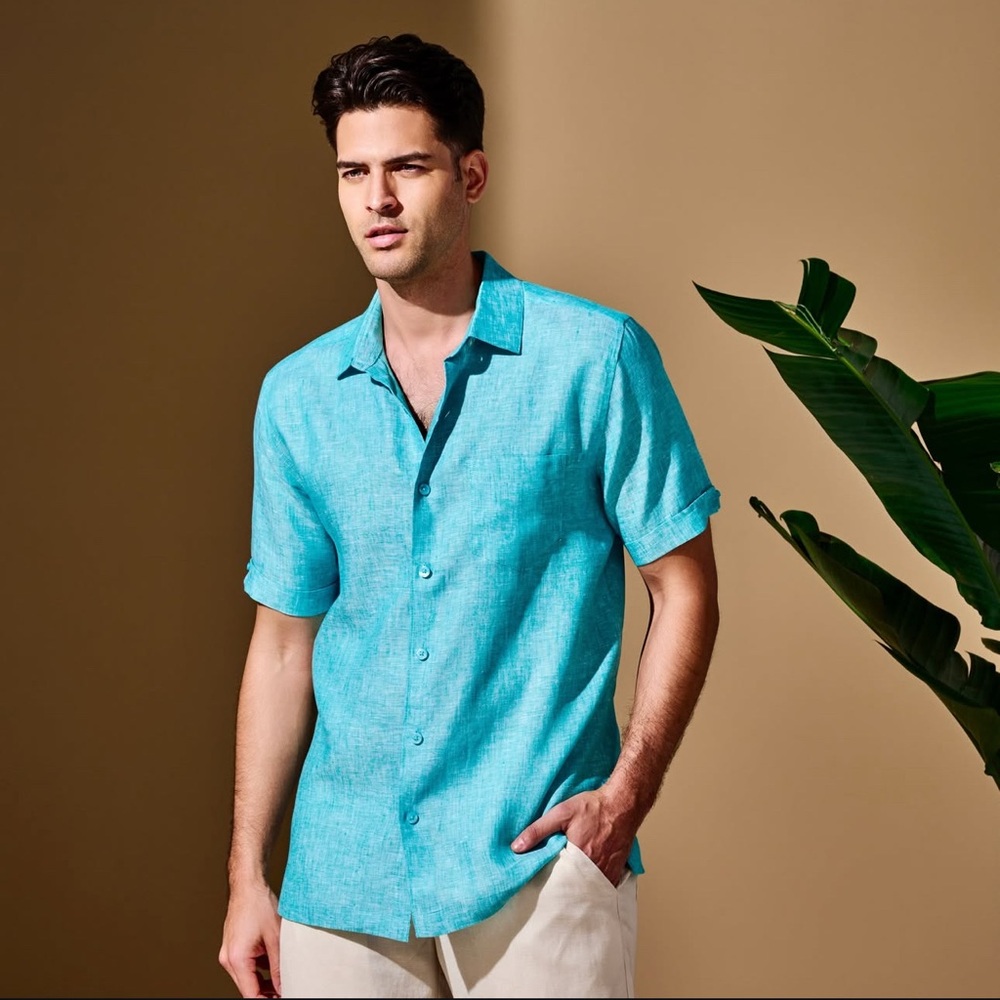 🆕 100% Linen Raffi Turquoise Casual Button Down Shirt Modern Slim Fit Size large